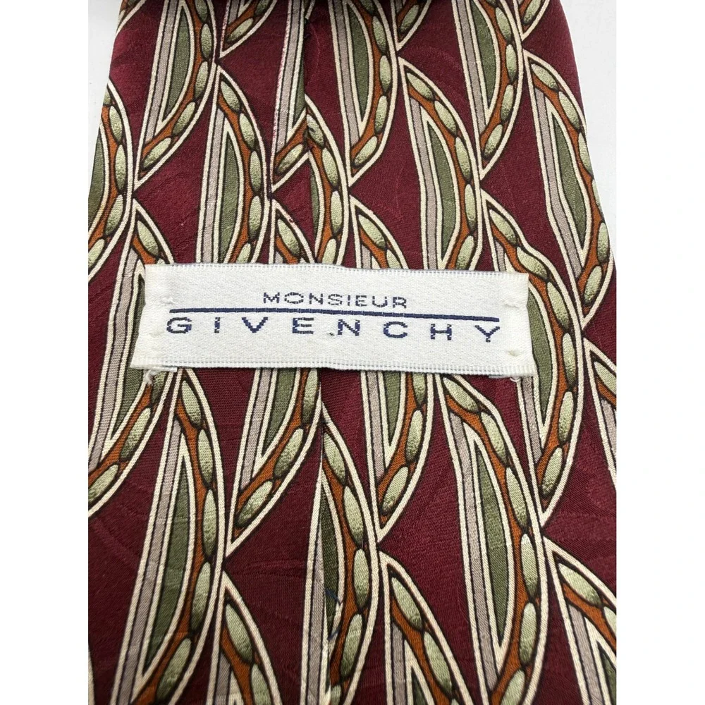 Monsieur Givenchy Necktie Mens OS Burgundy Geometric Leaf Silk Classic Designer